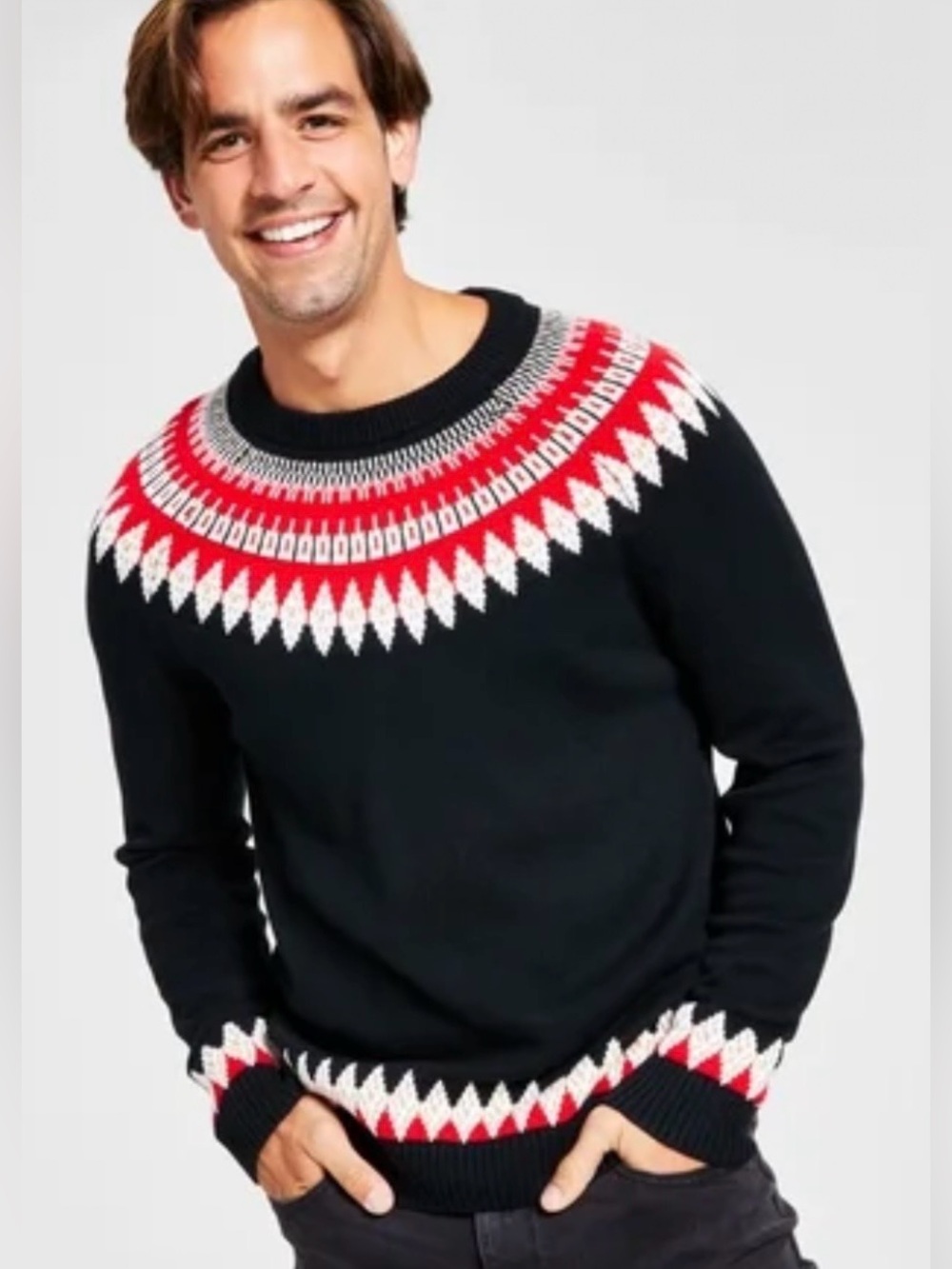 Charter Club Men's Black Crewneck Sweater with Red & White Pattern Size S